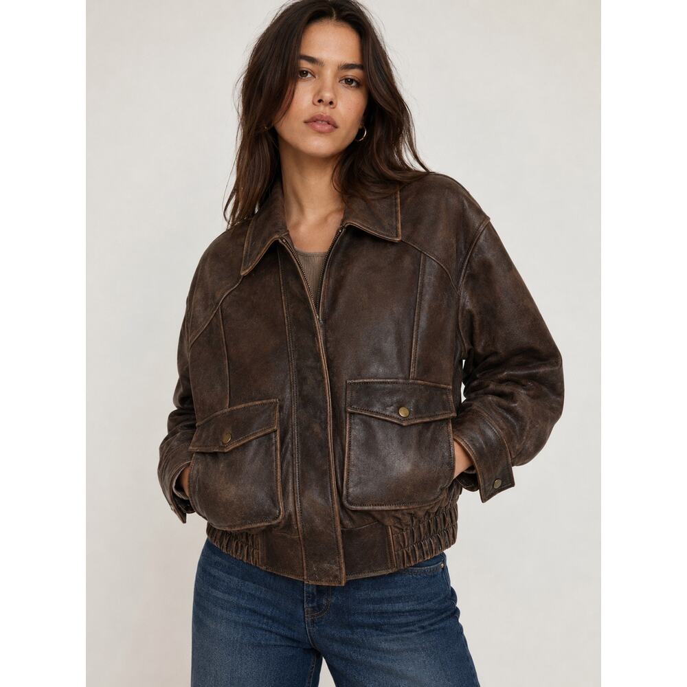 Reformation Brown Distressed Leather Bomber Jacket